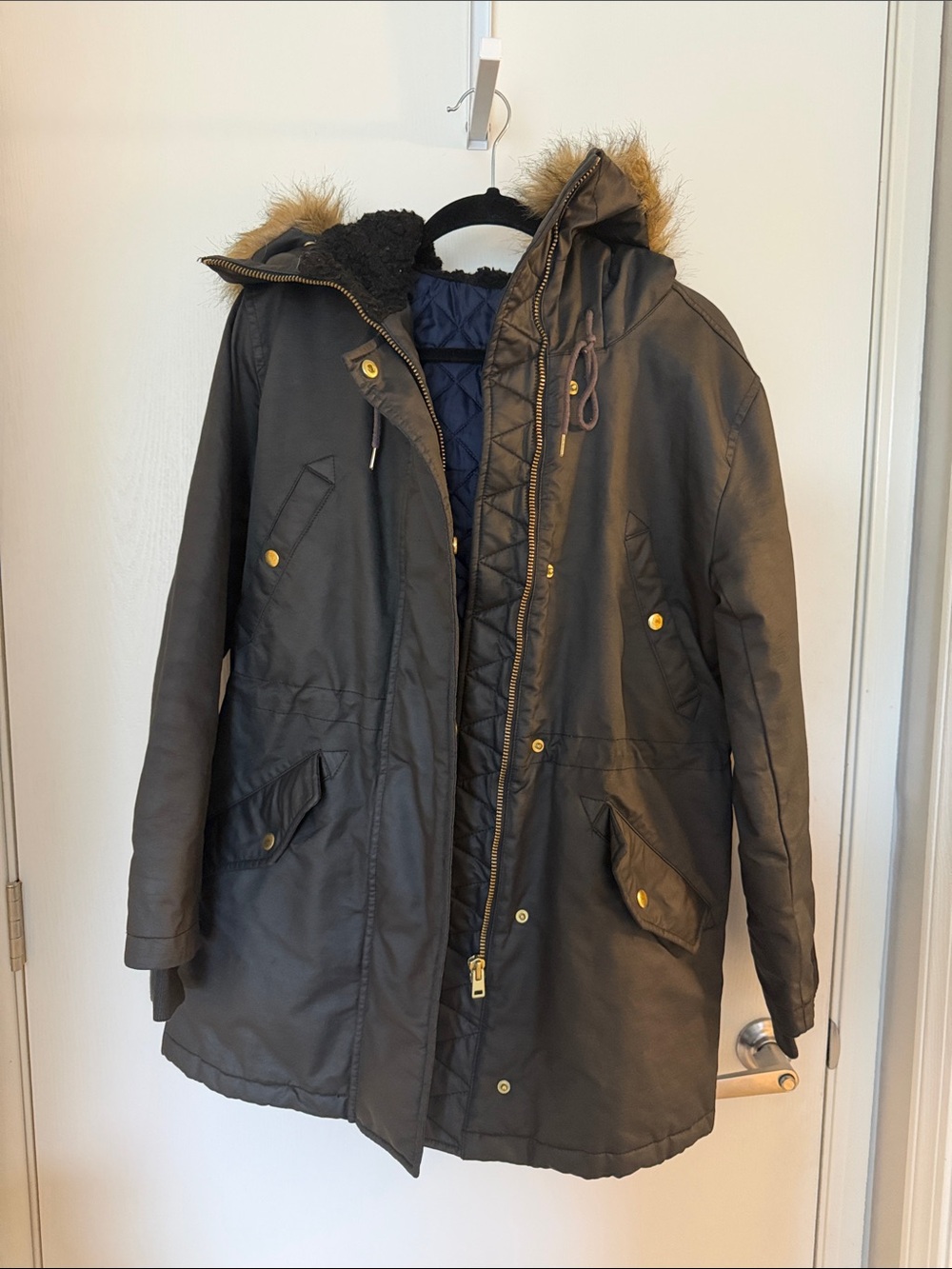 J.Crew - Women's Hooded Parka Coat - Black with Faux Fur Trim